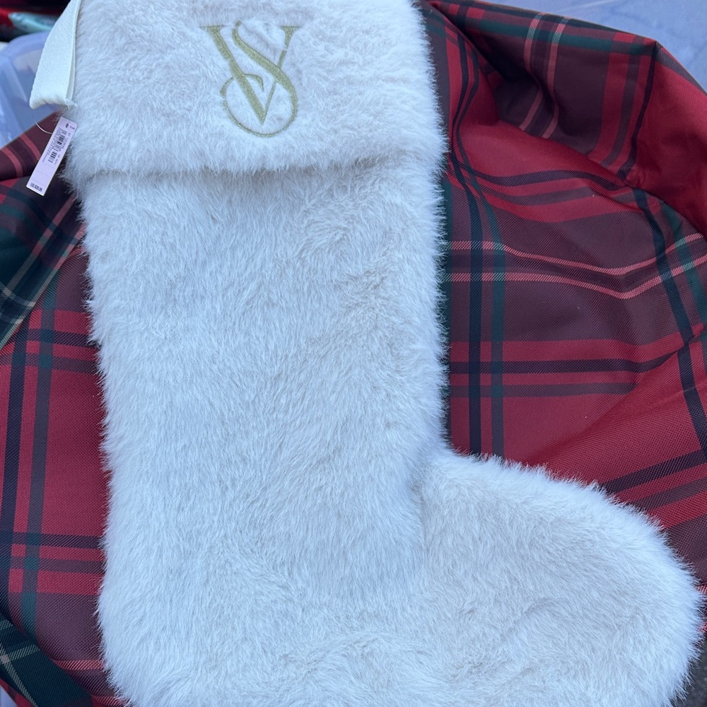 Victoria's Secret White and Gold Faux Fur Stocking